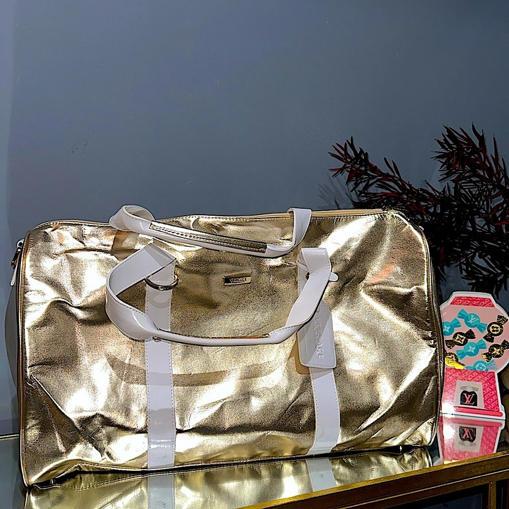 VERSACE PARFUMS METALLIC GOLD DUFFLE BAG, NWOT